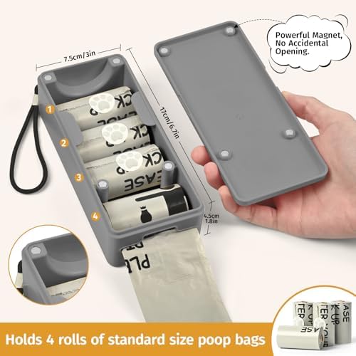 Dog Poop Bag Dispenser for Hanging Use, Grey Poop Bag Holder with Magnetic Closure, Includes 4 Rolls (60 Bags) - Image 4