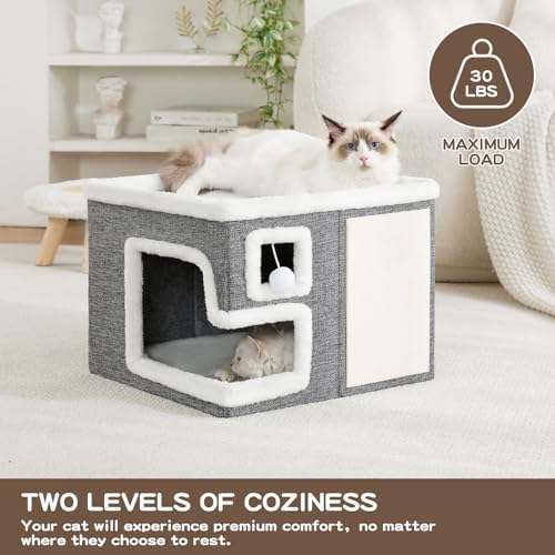 Cat Houses for Indoor Cats, Covered Cave Bed with Scratch Pad and Fluffy Ball, Foldable Cat Hideaway Condo for Large Cats, Modern Kitten Bed,16.5x16.5x13 inches (Grey, Large) - Image 5