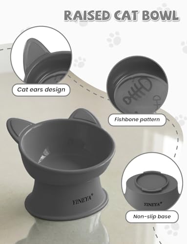 YINEYA Cat Bowls, Cat Food Bowl Elevated to Protect Neck & Anti-Vomit, Whisker-Friendly Raised Food & Water Bowls for Indoor Cats/Small Dogs, Cute Pet Feeding Bowl 6 OZ Each, Dishwasher Safe, Gray - Image 5