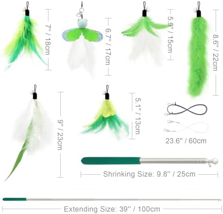 SONGWAY Cat Feather Toys Wand - 7 Pcs Interactive Cat Toys for Indoor Cats Kittens, Retractable Cat Wand with 6 Feather Teaser Refills with Bell, Cats Fishing Pole Toy, Green - Image 6