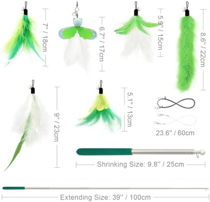 SONGWAY Cat Feather Toys Wand - 7 Pcs Interactive Cat Toys for Indoor Cats Kittens, Retractable Cat Wand with 6 Feather Teaser Refills with Bell, Cats Fishing Pole Toy, Green - Image 6