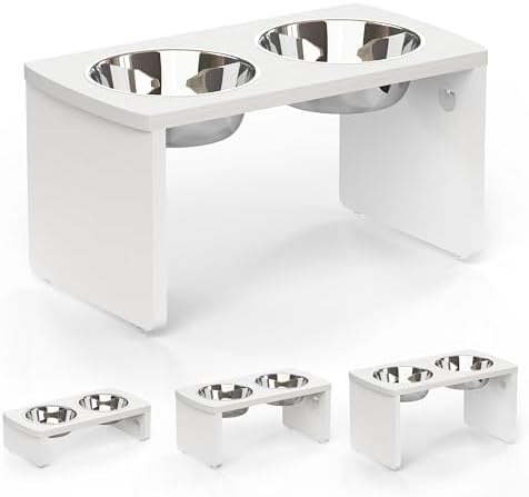 Elevated Dog Bowls, Waterproof Raised Dog Bowl for Medium & Large Dogs, HIPS Poly Lumber Stand with 2 Stainless Steel Bowls, Indoor & Outdoor Use (10'' Tall–48 oz Bowl, White) by JoyoPawFamily