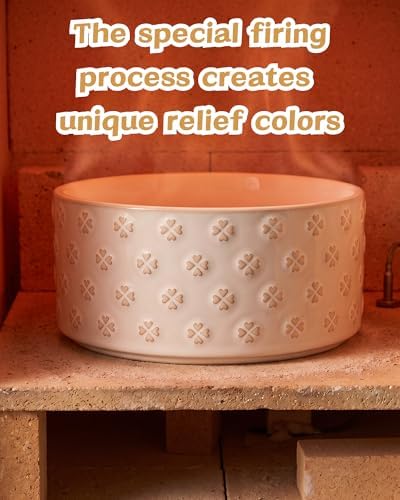 TRUVIC Ceramic Dog Bowl with Wood Stand, Jun Blanc Four-Leaf Clover Relief Dog Food and Water Bowl, 2 Cup/14 oz Puppy Food Bowl for Medium Dogs, Dishwasher Safe, Modern Geometric, Four-Leaf Clover - Image 2