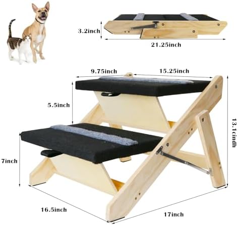2-in-1 Indoor Pet Ramp, Wooden Folding 2-Tier Pet Stairs with Non-Slip Carpeted Steps, Ramp Perfect for Bed and Couch - Image 2