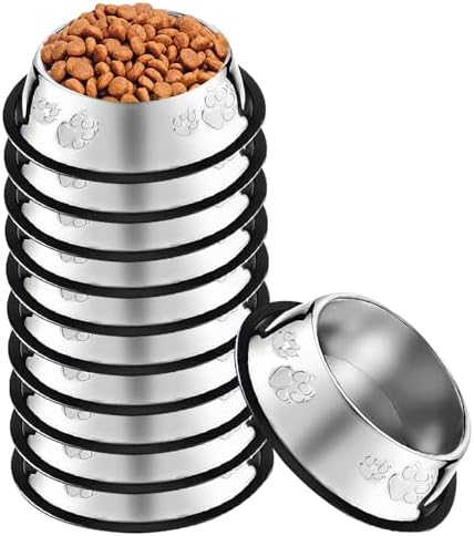 10 Pcs Stainless Steel Dog Bowl Pet Feeding Bowl with Rubber Base Non-Slip Pet Dishes Metal Dog Bowls Pet Food and Water Bowls for Small Medium Animals Kitten Rabbit (7 oz) by OLUTACOT