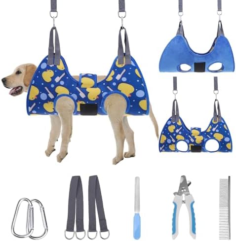 PAWCHIE Dog Grooming Hammock Harness for Dogs & Cats with Pet Nail Clipper Trimmer - Cat Hanger Sling for Trimming Clipping Nails- Dog Hammock Restraint Bag for Small Medium Large Dog, Navy Blue M by PAWCHIE
