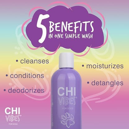 CHI Vibes for Dogs 5-in-1 Shampoo & Conditioner, Cleans + Deodorizes + Moisturizes + Detangles + Helps De-Shed, Vegan pH Balanced, Gluten & Paraben Free, Made in USA, 12 Fl Oz