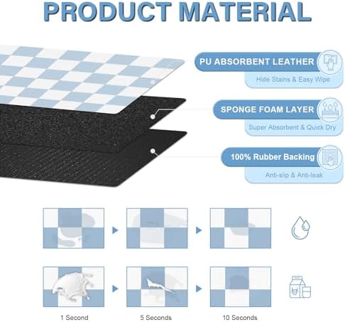 Cat Food Mat - 12"x 20" Cat Dog Mats for Food and Water Bowl, Checkered Pet Placemat Feeding Mat, Non-Slip Under Pet Bowls Mats for Messy Drinkers, Blue & White - Image 2