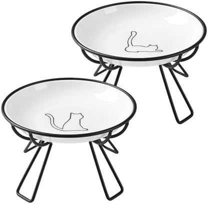 Ceramic Elevated Cat Bowls - Whisker Friendly, Anti-Vomiting, Stylish & Hygienic Cat Bowl Set (Line Cat, 2 Pack) by Kitwinney
