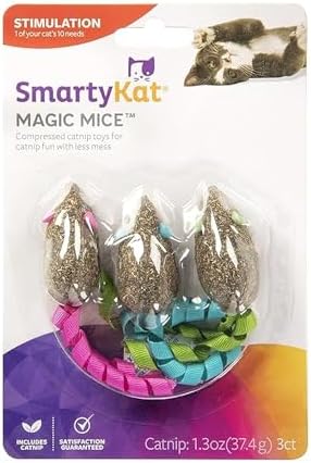 SmartyKat Magic Mice Compressed Catnip and Ribbon Cat Toys, Mess-Free for Hunting & Batting Fun for Cats & Kittens, Set of 3 by SmartyKat