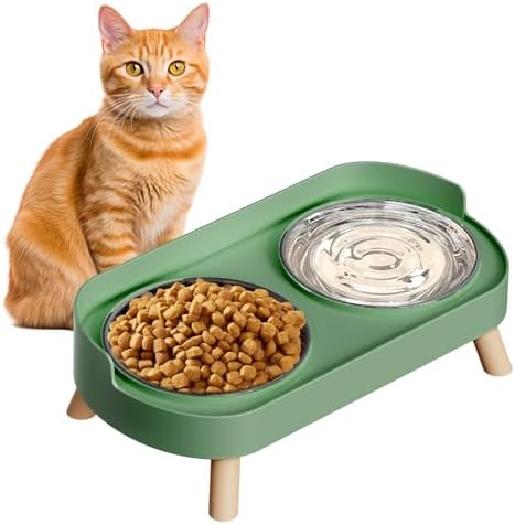 Elevated Cat Bowl, Raised Cat Food and Water Bowl Set for Indoor Cats, Splash Proof with 2 Stainless Steel Pet Food Bowls for Cats and Puppies, Whisker Fatigue and Dishwasher Safe - Green by HIAIEVIY