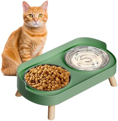 Elevated Cat Bowl, Raised Cat Food and Water Bowl Set for Indoor Cats, Splash Proof with 2 Stainless Steel Pet Food Bowls for Cats and Puppies, Whisker Fatigue and Dishwasher Safe - Green by HIAIEVIY