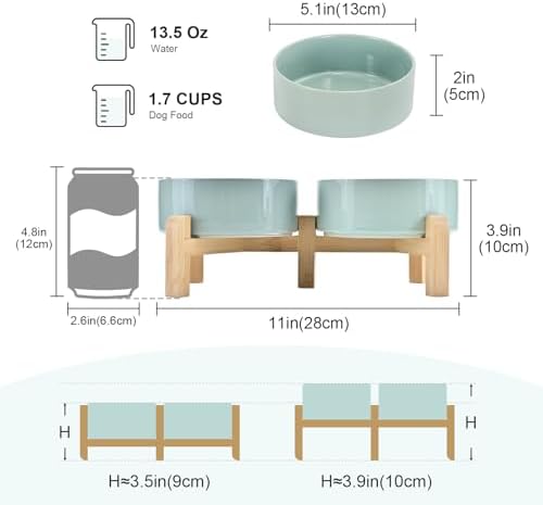 SPUNKYJUNKY Elevated Dog Bowls Ceramic, 5.1'' Dogs and Cat Food Water Bowls Raised with Non-Slip Bamboo Stand for Puppy Small Sized Breed Microwave Dishwasher Safe - 13.5 OZ,Light Green - Image 2