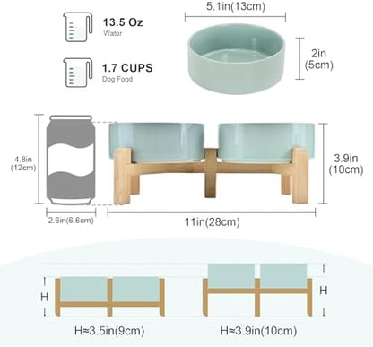 SPUNKYJUNKY Elevated Dog Bowls Ceramic, 5.1'' Dogs and Cat Food Water Bowls Raised with Non-Slip Bamboo Stand for Puppy Small Sized Breed Microwave Dishwasher Safe - 13.5 OZ,Light Green - Image 2