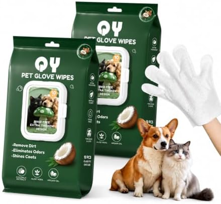 20-Pack Extra Thick Pet Cleaning Glove Wipes with Lid | Value Pack Dog & Cat Grooming Gloves | Rinse-Free Bath Wipes with Coconut, Aloe & Jojoba for Odor Control & Daily Care by QingYa