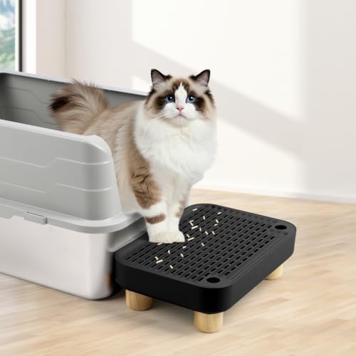 Cat Litter Box Step Ramp, Cat Litter Catcher Mat with Wooden Feet, Filter Function, Pedal Stool for Self-Cleaning Litter Box, Ideal for Kitten & Elderly Cats (Black) - Image 7