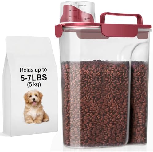 LEAWALK 5Lbs Dog Cat Storage Container Portable with Upgraded Large Spout and Cup, Plastic Pet Food Dispenser for Small Animal Kibble, Bird Seed, Oatmeal, Rice, Flour, Brown Sugart (Elegant Red) by LEAWALK