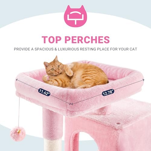 Allewie 29 Inches Cat Tree Tower/Plush Perches Platform/Condo/House/Sisal Scratching Posts/Multi-Level Activity Center Furniture for Kittens/Pink - Image 4