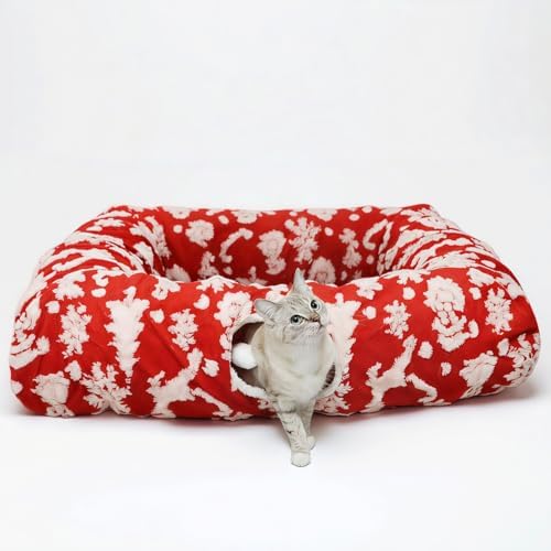 Extra Large Cat Tunnel Bed for Indoor Cats with Warm Mat,Cat Toys Cave Dount Tube for Xmas Decor Red by Unknown