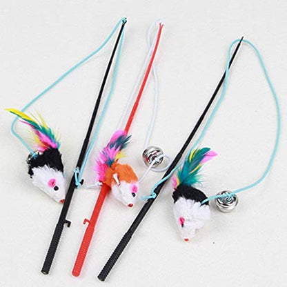 Bluelanss Cat Feather Toy, Interactive Cat Toy, Mouse Feather Pet Teaser, Retractable Cat Teaser Wand with Bell for Indoor Cats Kitten Play, Exercise, Activity & Fun Random Color (1pcs)