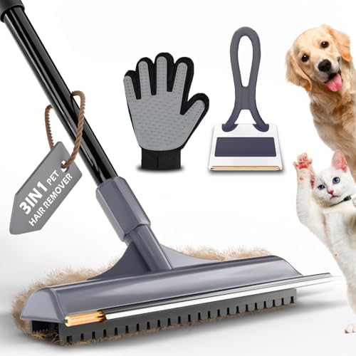Carpet Rake for Pet Hair Removal - Reusable Dog & Cat Hair Remover with 58" Reinforced Steel Handle, 3-in-1 Professional Modular Rug Rake & Scraper Tool for Shag Rugs, Couch, Stairs (Gray) by leishiyen