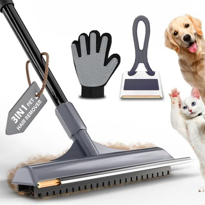 Carpet Rake for Pet Hair Removal - Reusable Dog & Cat Hair Remover with 58" Reinforced Steel Handle, 3-in-1 Professional Modular Rug Rake & Scraper Tool for Shag Rugs, Couch, Stairs (Gray) by leishiyen