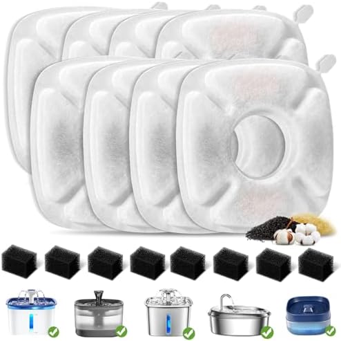 （16 Pieces） 8 Pack Replacement Filters & 8 Pack Replacement Pre-Filter Sponges for Veken 95oz/2.8L Bellflower Pet Fountain Cat Water Fountain Dog Water Dispenser by Redoso