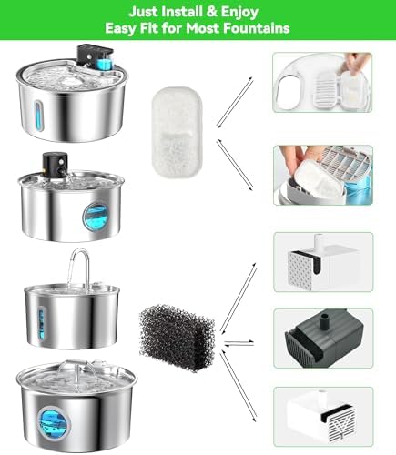 Cat Water Fountain Filter Replacement: 8 Carbon Filters & 8 Foam Sponges Kitty Spout Pump Filters for 108Oz/3.2L & 67Oz/2L Stainless Steel Pet Water Dispenser Cat Dog - Image 3