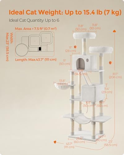 Feandrea Cat Tree, 81.1-in Large Cat Tower, Multi-Level Condo, Cream White - Image 6