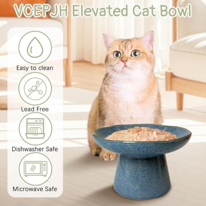 VCEPJH Raised Cat Food Bowls Shallow Cat Plate Ceramic Elevated Cats Dish 6.1in Flat Anti Whisker Fatigue Wide Pet Food & Water Feeder for Indoor Kitty Kitten (Blue) - Image 7