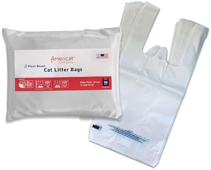 Cat Litter Bags, Plant-Based by Americat – 50 Bags for Scooped Litter, Pee & Poop from Cat Litter Boxes – Compost Certified – Holds 11 Pounds of Waste – Durable, Unscented, With Handles (16” x 8”) by AmericatCompany