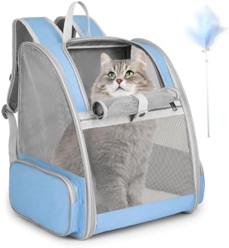 Cat Backpack Carrier, Large Pet Backpack with Kitten Wand Feather Toy for Medium Small Dog Cat Puppy Kitty Bunny up to 15lbs, Ventilated Mesh Dog Travel Carrier for Hiking Walking Outdoor Use (Blue) by SSAWcasa