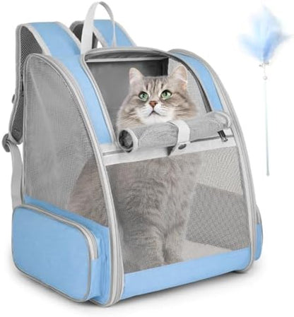 Cat Backpack Carrier, Large Pet Backpack with Kitten Wand Feather Toy for Medium Small Dog Cat Puppy Kitty Bunny up to 15lbs, Ventilated Mesh Dog Travel Carrier for Hiking Walking Outdoor Use (Blue) by SSAWcasa