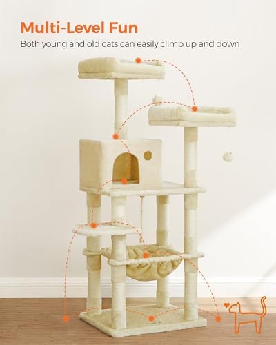 Feandrea Cat Tree, 55.8-Inch Large Cat Tower, Multi-Level Condo, Beige - Image 3