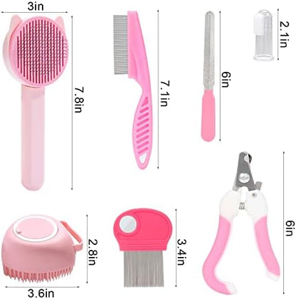 VCZONE 8 Pcs Cat Brush Grooming Kits, Pet Self Cleaning Kit with Pet Nail Clipper and File, Flea Comb, Pet Shampoo Bath Brush, Pet Shedding Brush, Silicone Toothbrush (Pink) - Image 2