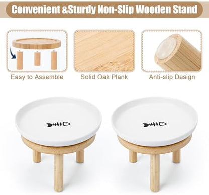Elevated Cat Bowls with Bamboo Stand, Ceramic Raised Cat Bowl Set of 2, 5.9 Inch Whisker Friendly Anti Vomiting Cat Food Bowls for Dry and Wet Food - Image 4