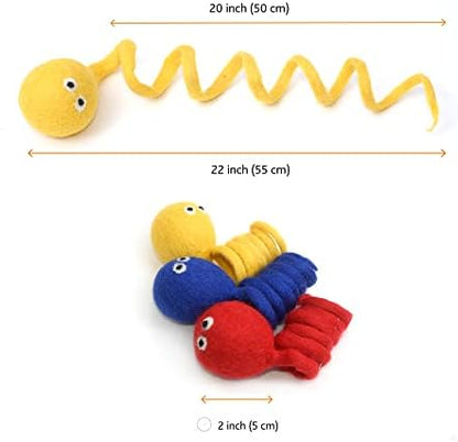 Glaciart One Felt Spring Cat Toy – 3 Pcs Soft Fuzzy Enrichment 100% Natural Wool - Interactive Stretchable Play Set - Safe for Pets, Non-AZO Colored Dyes - 4” Long - Image 2