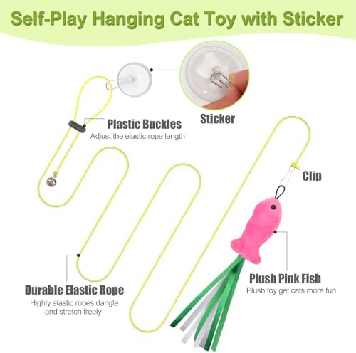 ChicWow Interactive Retractable Cat Wand & Hanging Toys for Cats - 2 Wands, 2 Hanging, 7 Teaser Cat Toys for Indoor Adult Cats Kitten, Includes Feather, Mouse, Fish, Worm, 1 Spare Elastic Rope - Image 4