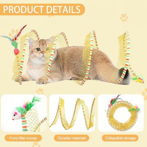 2-Pack Large Cat Tunnel Beds - Indoor & Outdoor,Kitten Collapsible Spring Tunnel Toy with Feather and Bell,Interactive Spring Toys for Cats & Kittens（Yellow and Blue） - Image 2