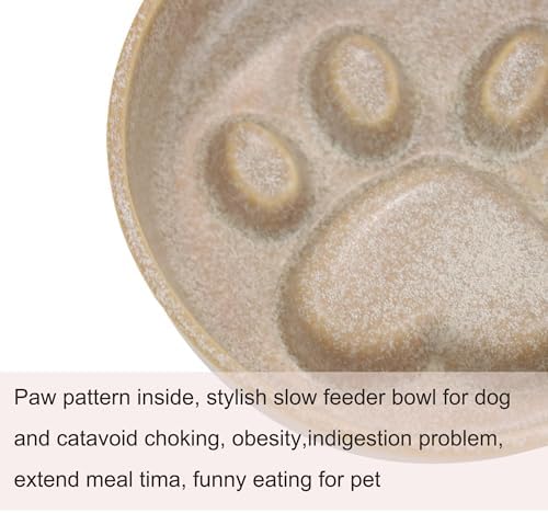 Ceramic Slow Feeder Bowl, 6.69 x 5.7 inches, Elevated Design with Paw Pattern, for Cats and Small Dogs (Khaki) - Image 2