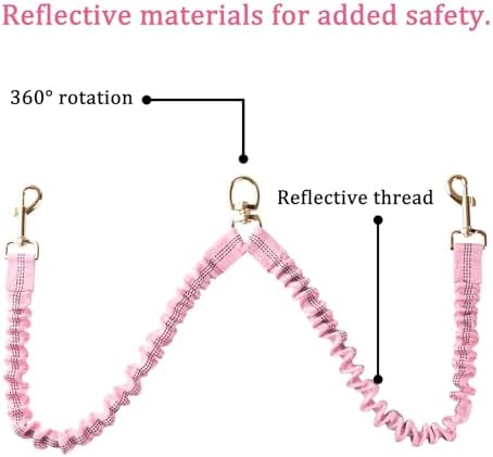 Double Dog Leash – Tangle-Free Dual Leash with 360° Swivel, Shock Absorbing Bungee, Reflective Stitching & Hand-Braided Main Rope (Supports Up to 440 lbs, Pink) - Image 5