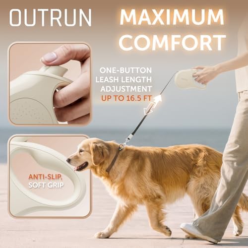 OUTRUN Retractable Dog Leash 16.5 FT Walking Leash up to 55 Lbs, Strong Nylon Tape No Tangle, Heavy Duty One-Handed Brake Lock Perfect for Small & Medium Sized Dogs and Pets (Cream White) - Image 3