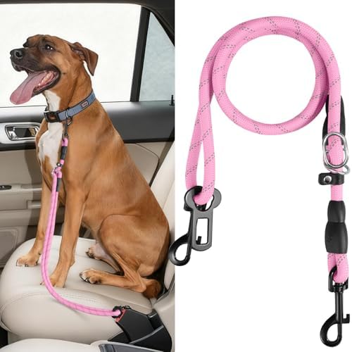 Pawaboo Dog Seatbelt for Car, Reflective Rope with Heavy Duty Buckle, Pink by Pawaboo