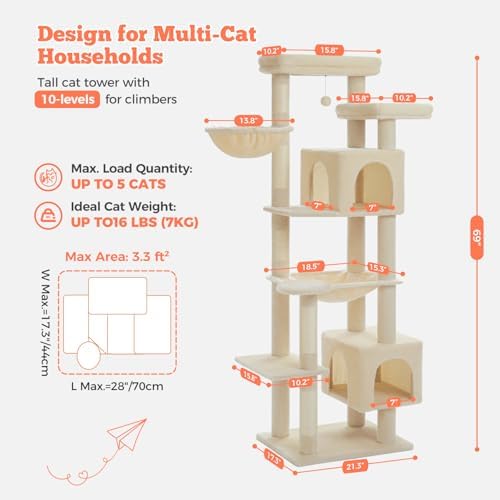 69" Tall Cat Tree for Indoor Cats Large Adult, Multi-Level Cat Tower - Image 3