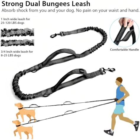 Uppetly Hands Free Dog Running Leash with Zipper Pouch, Dual Padded Handles, Elastic Bungees Retractable Rope for Large Dog, Adjustable Waist Belt, Reflective Stitches for Walking (Black, 25-120lb) - Image 4