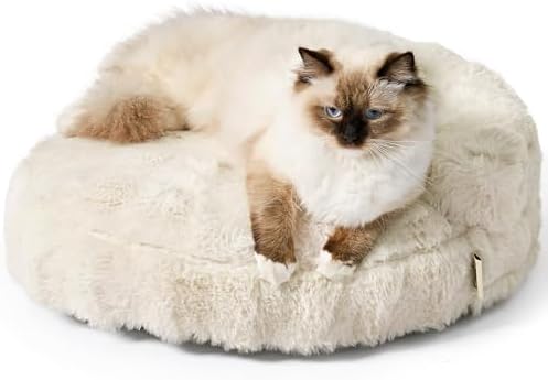 EHEYCIGA Soft Cat Couch Bed for Indoor Cats, Fluffy Small Dog Bed with Removable Washable Cover, Bolster Pet Sofa, Waterproof and Non-Slip, 24" x 24"x 7", Cream by EHEYCIGA