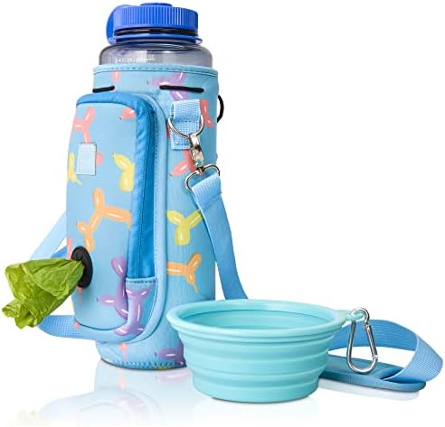 Made Easy Kit Water Bottle Carrier with Pocket for Dog Poop Waste Bags and Adjustable Padded Shoulder Strap (Tall & Large (40oz) with Bowl, Blue, Balloon Dogs) by MadeEasyKit