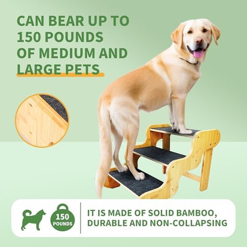 Dog Stairs for Small Dogs,3-Step Bamboo Pet Steps Ramp for Bed and Car - Image 2