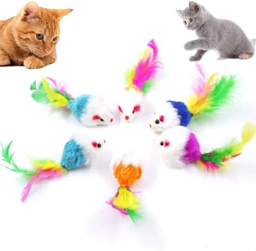 Cat Toys, 6 Pack Furry Rattle Mouse Toy Interactive Cat Toy with Feather Tail, 6 Assorted Faux Fur Kitten Toy 5.5” Realistic Size Mini Mice Cat Toy for Bored Indoor Adult Cat by ElectsparkPetPlaythings
