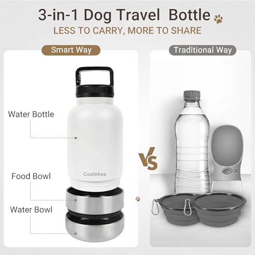3-in-1 Dog Water Bottle Portable, 32oz Insulated Stainless Steel Pet Water Dispenser with 2 Detachable Travel Dog Bowls for Water & Food, Leak-Proof Puppy Water Bottle for Hiking, Walking (White) - Image 2